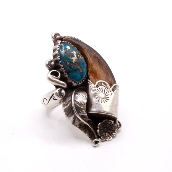 Vintage Sterling Silver Native American Navajo Morenci Turquoise Bear Claw Ring - Picture 7 of 14